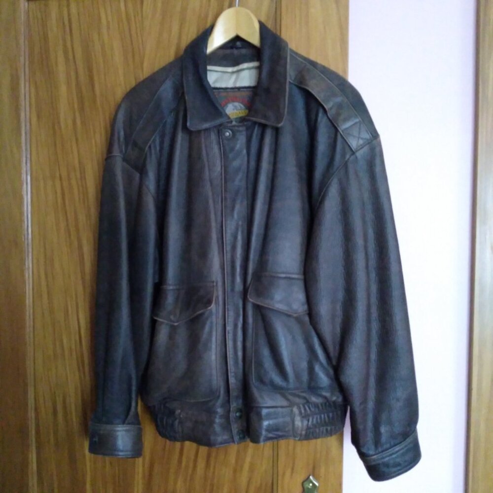Men's Vintage Brown Distressed Leather Aviator Bomber Jacket Size Extra Large